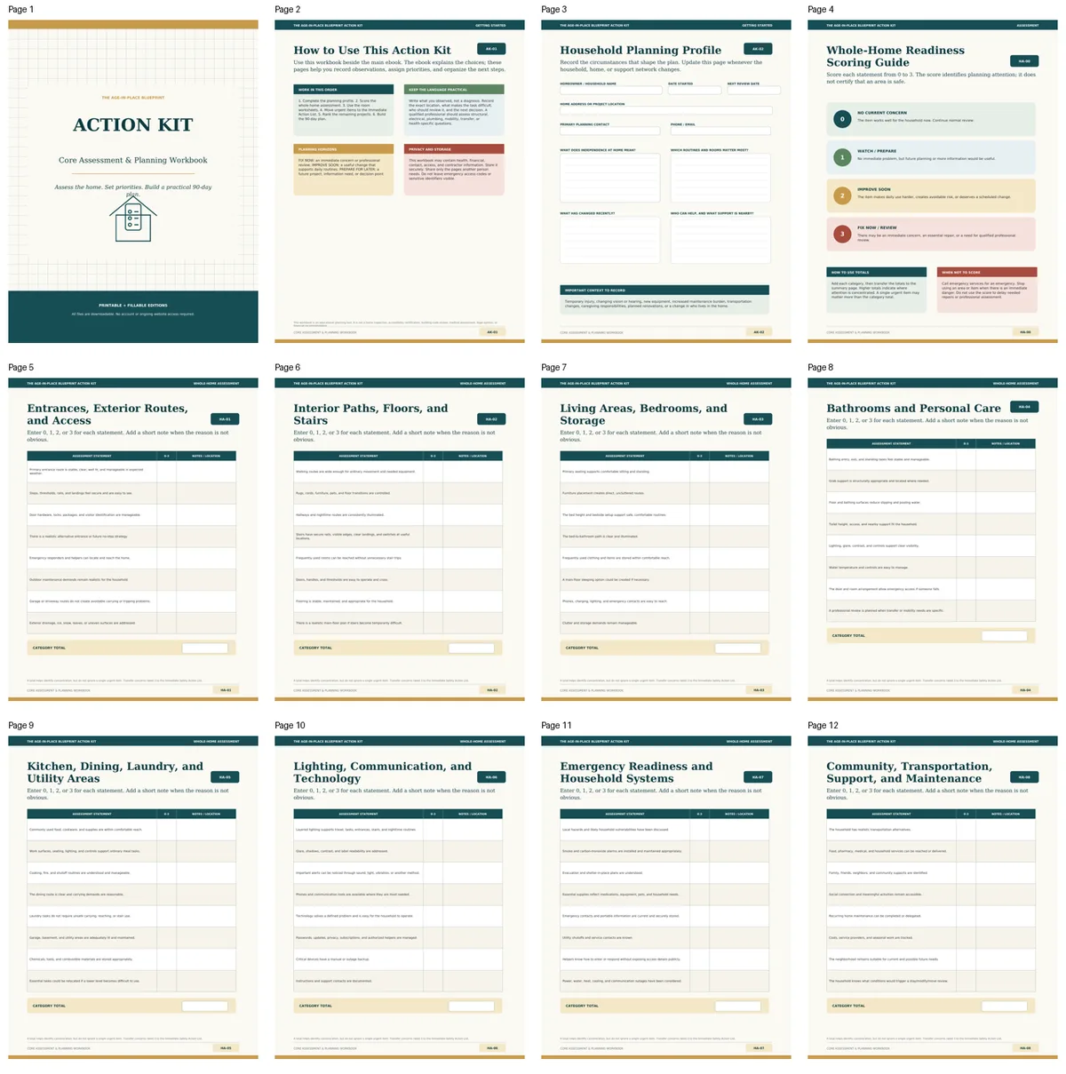 Preview of the printable Age-in-Place Blueprint Action Kit worksheets